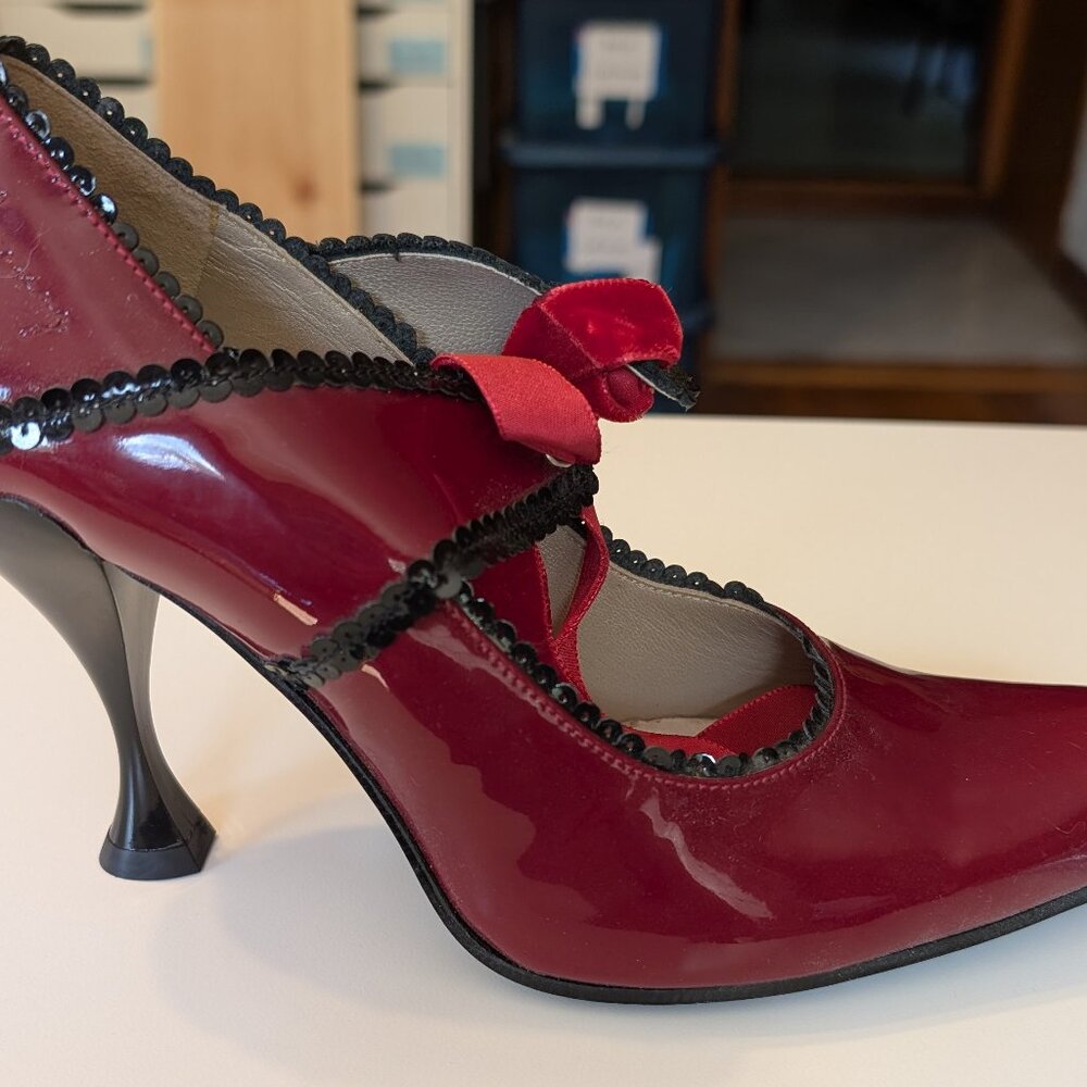 Red and Black Sequined Fluevog Heels